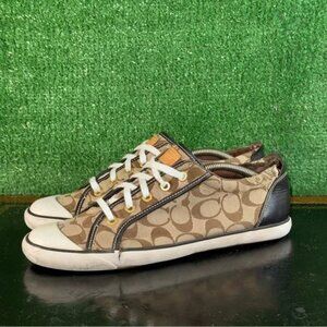Ladies COACH Barrett lace up tan & brown classic logo sneaker Size 12